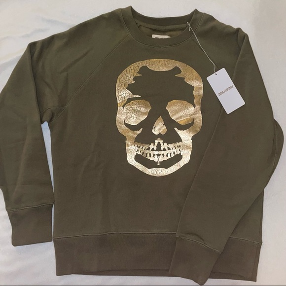 🎉HP🎉 Zadig & Voltaire Upper Skull Gold/Khaki 100% Cotton Sweatshirt Size XS✨ - Picture 2 of 14